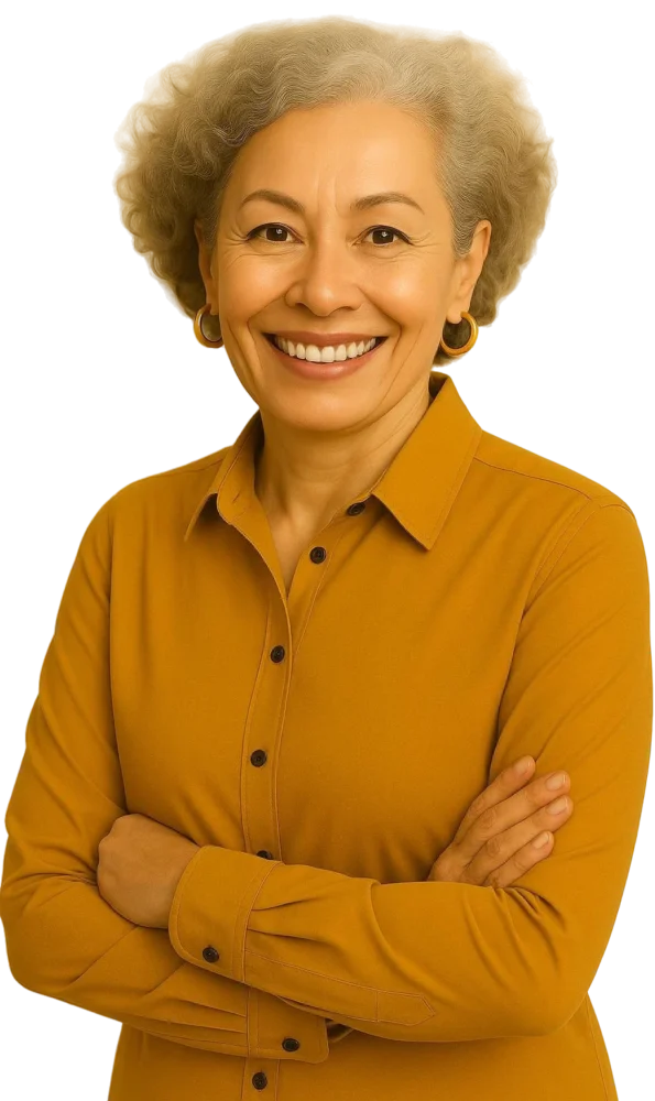 mulher-meia-idade-camisa-amarela-mostarda-cabelo-grisalho